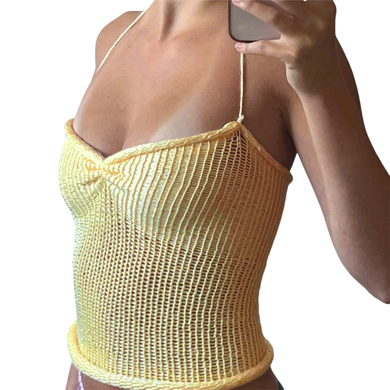 Dghisre Y2K Knitted Crop Tops Hollow Out Tanks Fashion Women Halter Retro 00s Fairycore Camisole Tee Chic Knitwear Streetwear