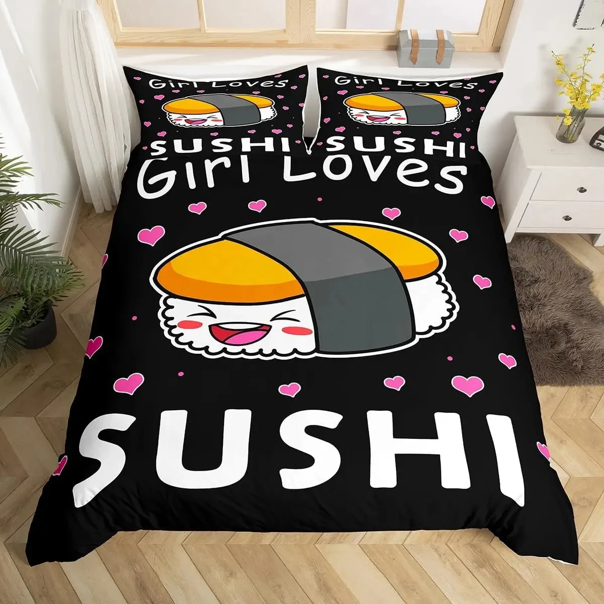 Sushi Duvet Cover Twin, Japanese Cherry Blossoms Bedding Set for Girls Boys Room Decor, Kawaii Sushi Japan Food Comforter Cover