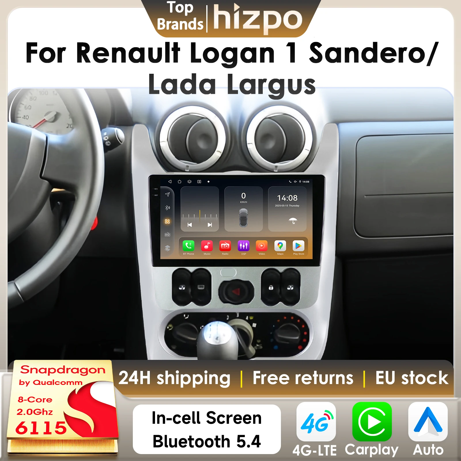 Hizpo 2Din Autoradio Autoradio pour Renault Logan Sandero/Lada Largus lecteur multimédia CarPlay Android Auto stéréo GPS 4G 6115