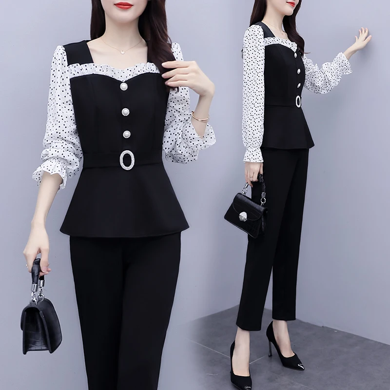 Patchwork Square Collar Women Fashion Pants Sets For Spring Autumn 2023 New Office Lady Elegant 2 Pieces Outfits Pantsuits