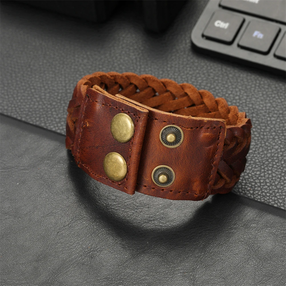 2024 Trend Jewelry Handmade Weave Genuine Leather Bracelet Men Vintage Cuff Wide Leather Bracelet Pulsera Hombre