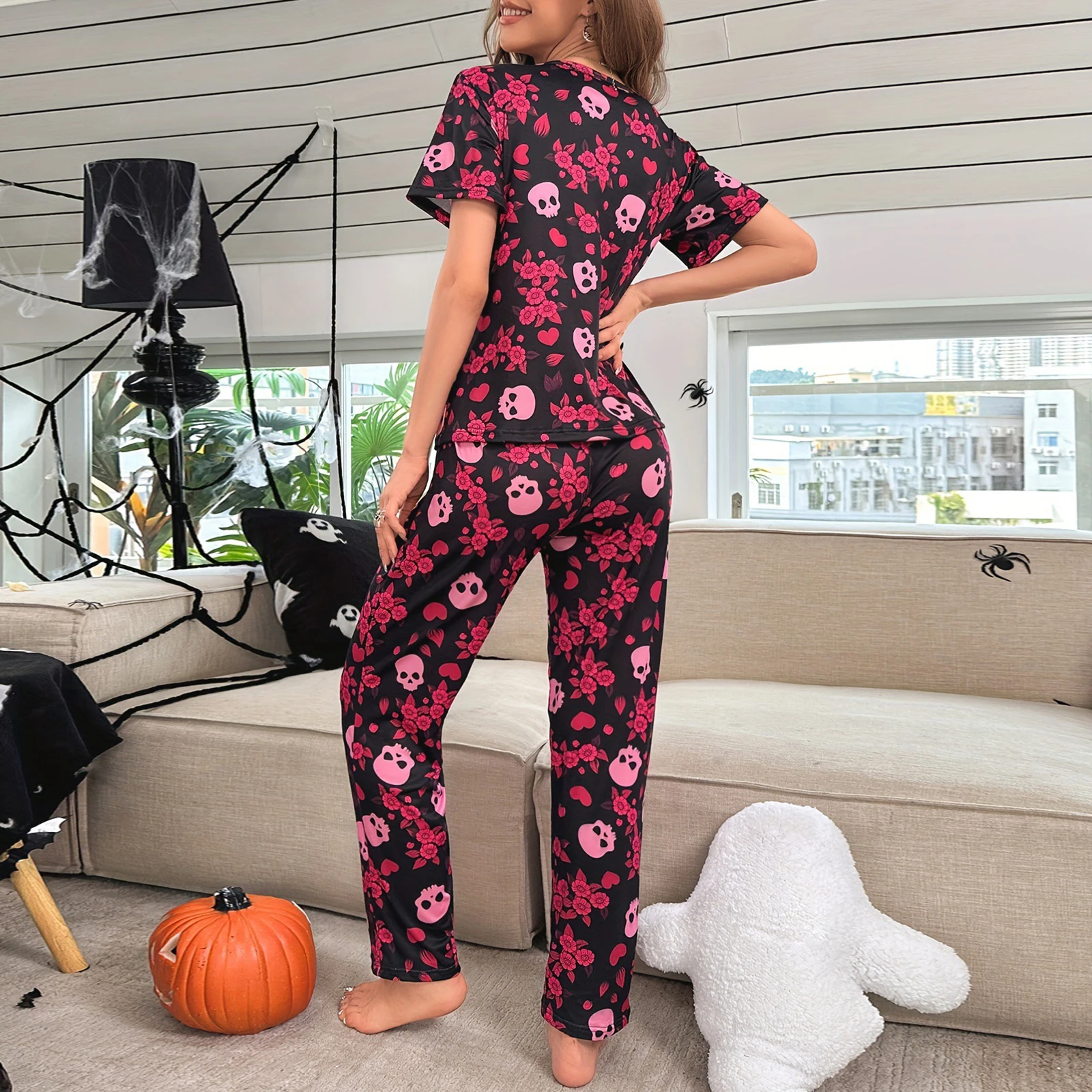 HEZIOWYUN Women’s 2Piece Skull Floral Print Halloween Loungewear Pjs Set Long Sleeve Round Neck T-Shirt Tops +Straight Leg Pants