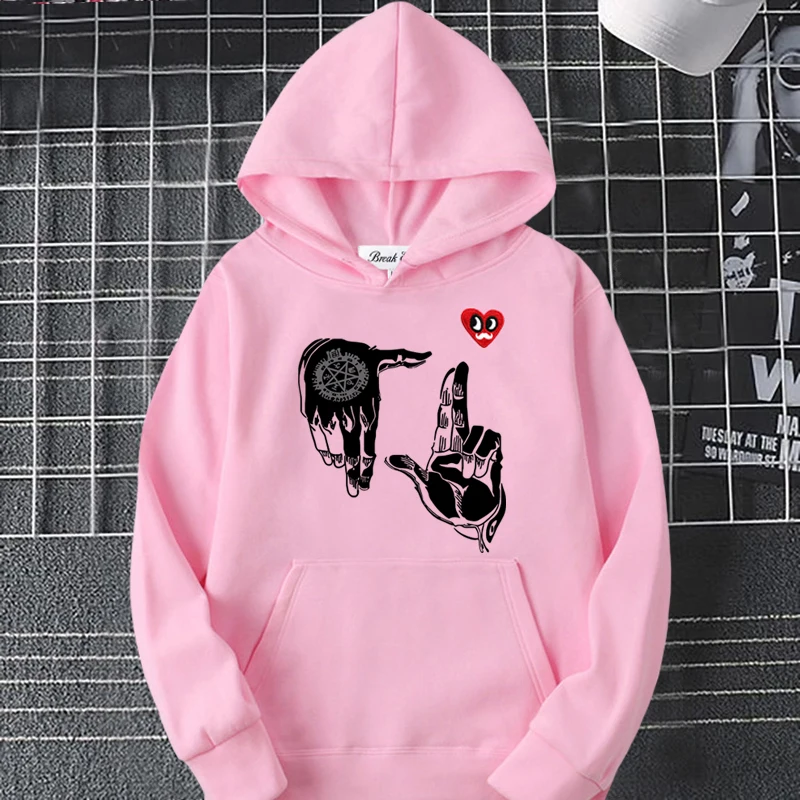 

Both Hands Finger Incantation Print Women Hoodie Polyester Red Eyes Beard Heart Embroidery Pullover Pockets Loose Autumn Hoody