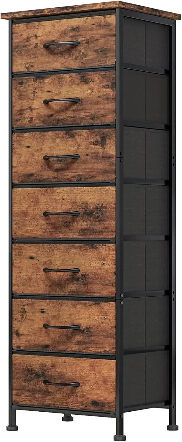 

Tall Dresser with 7 Fabric Drawers, Rustic Brown Wood Grain Print for Bedroom Storage Organizer