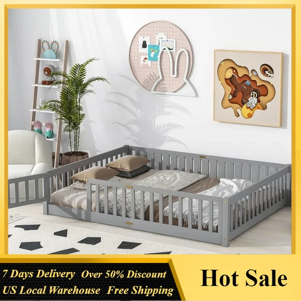 Children Beds-Twin Floor Bed for Children, Sturdy Wood Montessori Bed Frame with Wood Slats,High Fence & Small Door