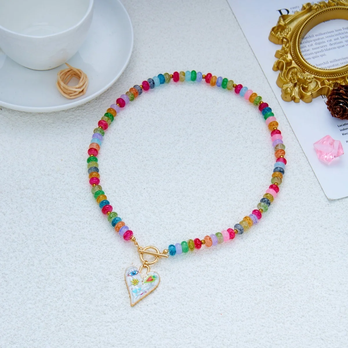 Dopamin Bunte Glas-Flachperlen Graffiti-Blumen-Herz-Anhänger Halskette für Frauen Männer Y2K Vintage OT-Schnallen-Choker Schmuck – Detail 30