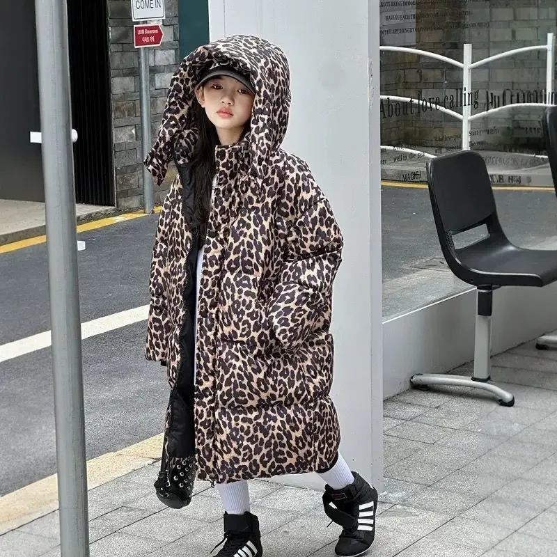 Girls' Winter Down Jacket 2025 New Kids Leopard Print Hooded Thickened Warmth Cotton-padded Coat Stylish Off-season Sale