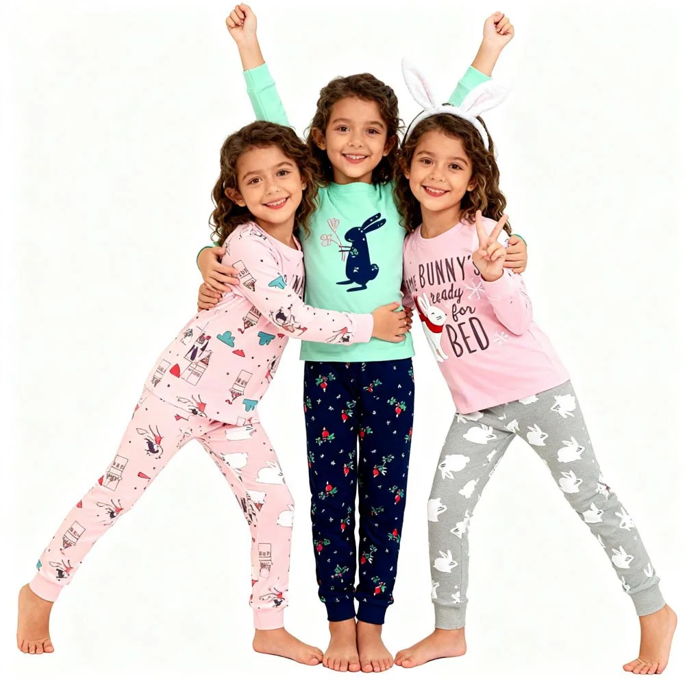 100 Cotton Girls Pajamas Sets Bunny Airplane Castle Animal Cartoon Kids Pyjamas Boys Pijamas Infantil Xmas Children Sleepwear