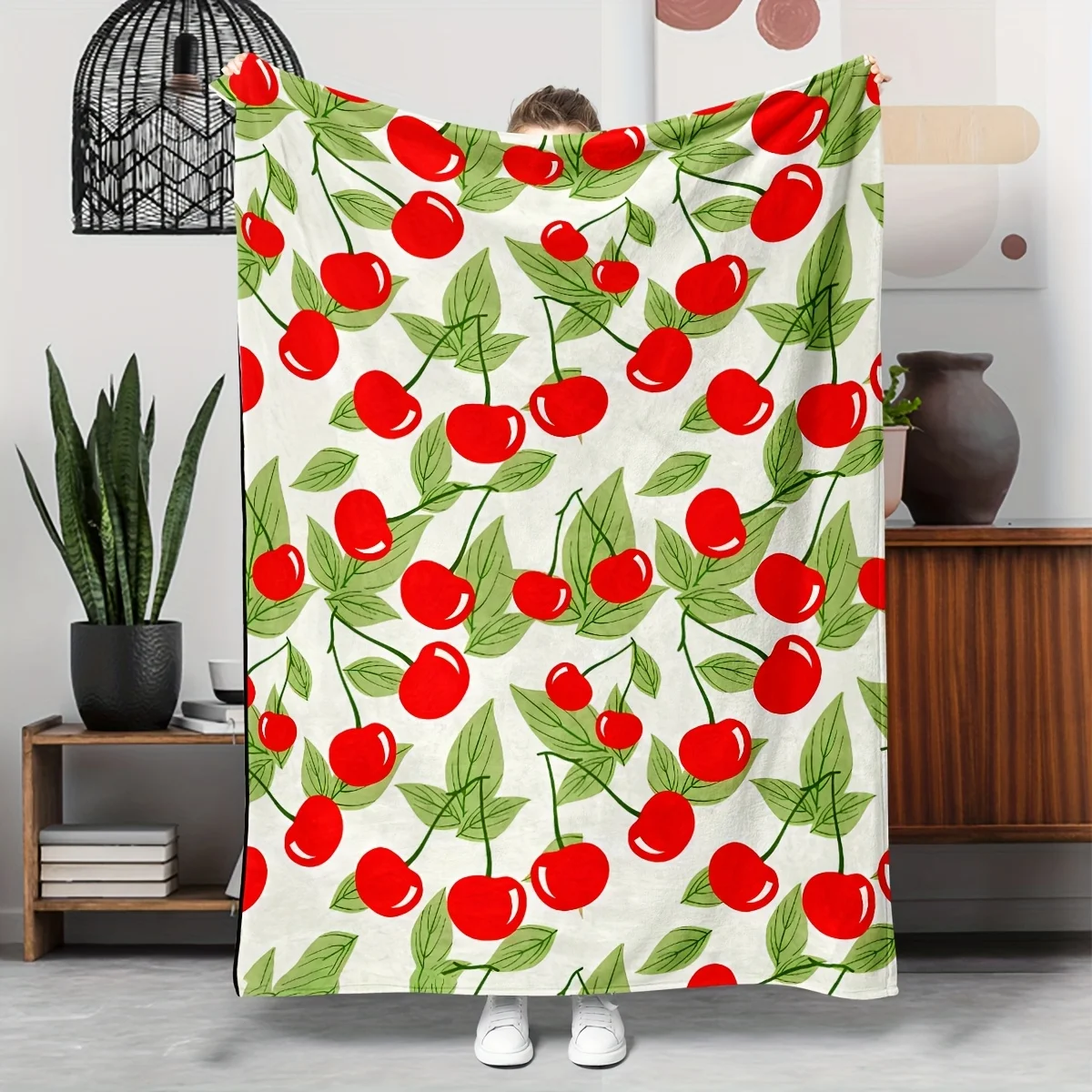 

Цельное одеяло с рисунком свежей вишни, полиэфирная ткань, можно стирать в машине, подходит для украшения спальни, гостиной