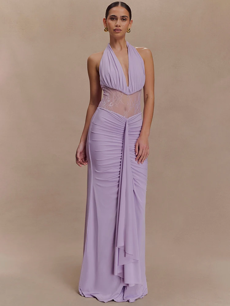 

JULISSA MO Patchwork Sexy See Through Lace Halter Women Maxi Dress Black Sleeveless High Waist Slim Elegant Party Evening Dress