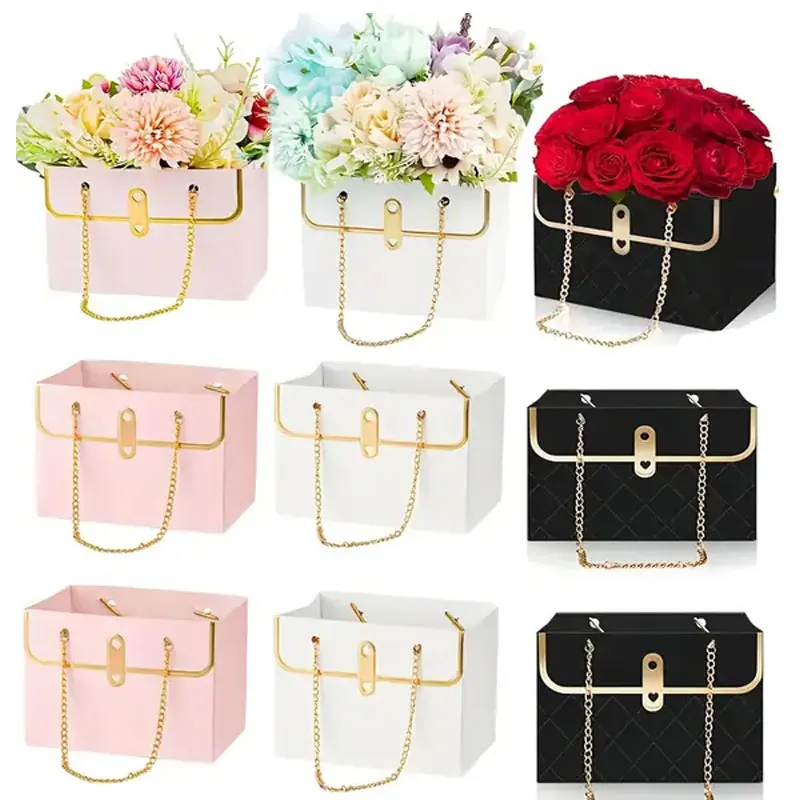 1/3 Stück elegante tragbare Blumen-Geschenkboxen mit Metallkettengriffen, Papier- und Metallstrauß-Aufbewahrungsbehälter für Hochzeit, Geburtstag, Dekoration