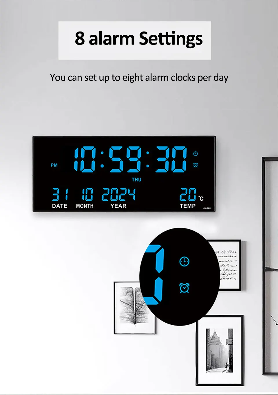 Digitale große Wanduhr, Alarm, Temperatur, Datum, Kalender, Anzeige, 8 Sätze Wecker, 35,6 cm, elektronische LED-Uhr, einsteckbar – Detail 4