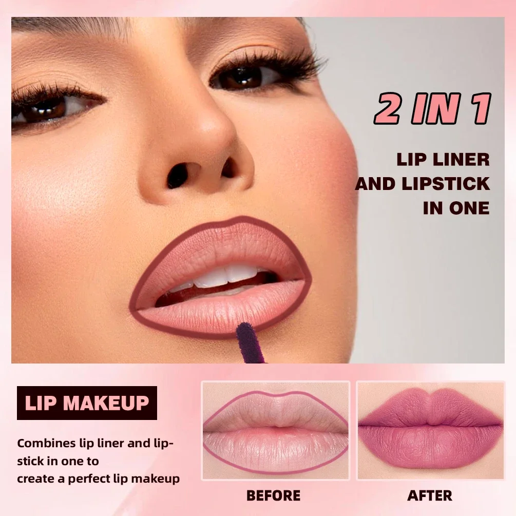 Matte Chocolate Lipstick Lipliner Pen Soft Lasting Liquid Lip Liner Non-Drying Waterproof Plumping Outline Lips Contour Makeup