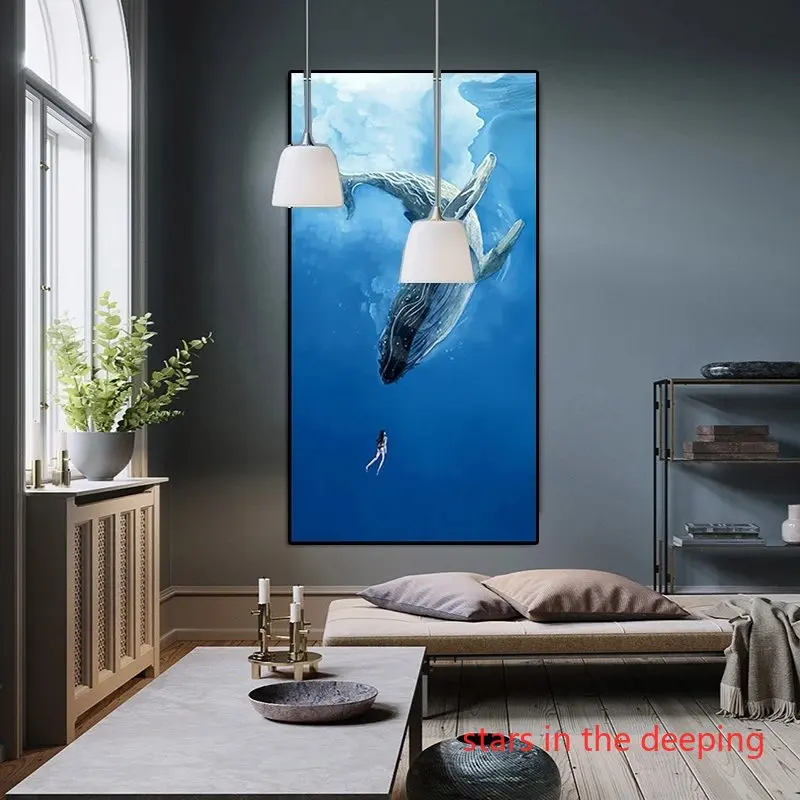 Abstract  Animal Whale and A Girl Blue In Deep Sea Ocean Waves Art Poster Canvas Painting Wall Print Picture for Room Home Decor