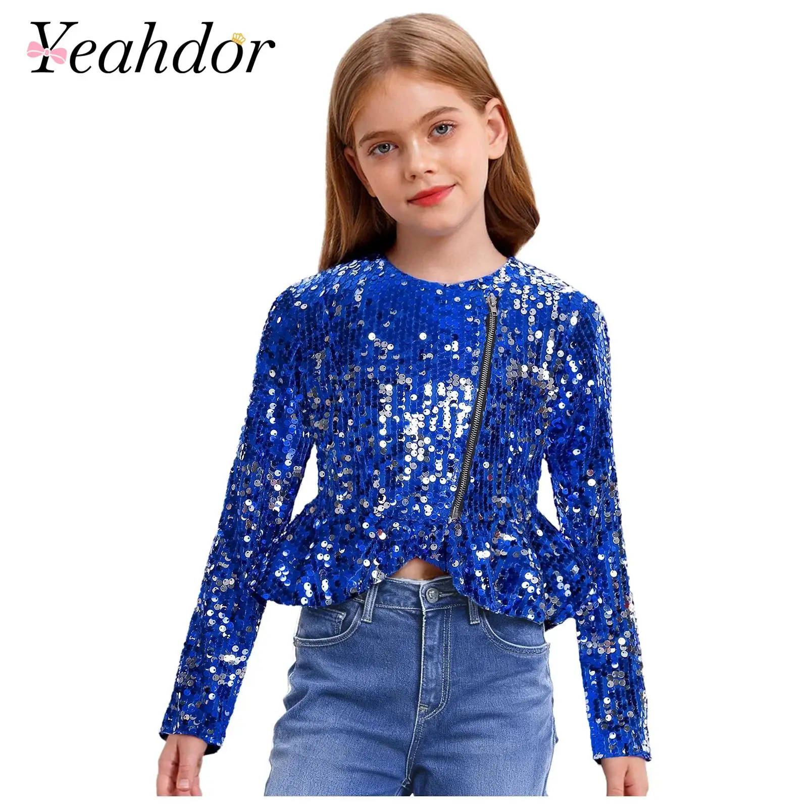 سترات بناتي متألقة بالترتر معاطف للأطفال سترة من الترتر بأكمام طويلة مكشكشة بيبلوم ملابس خارجية عصرية ملابس خروج