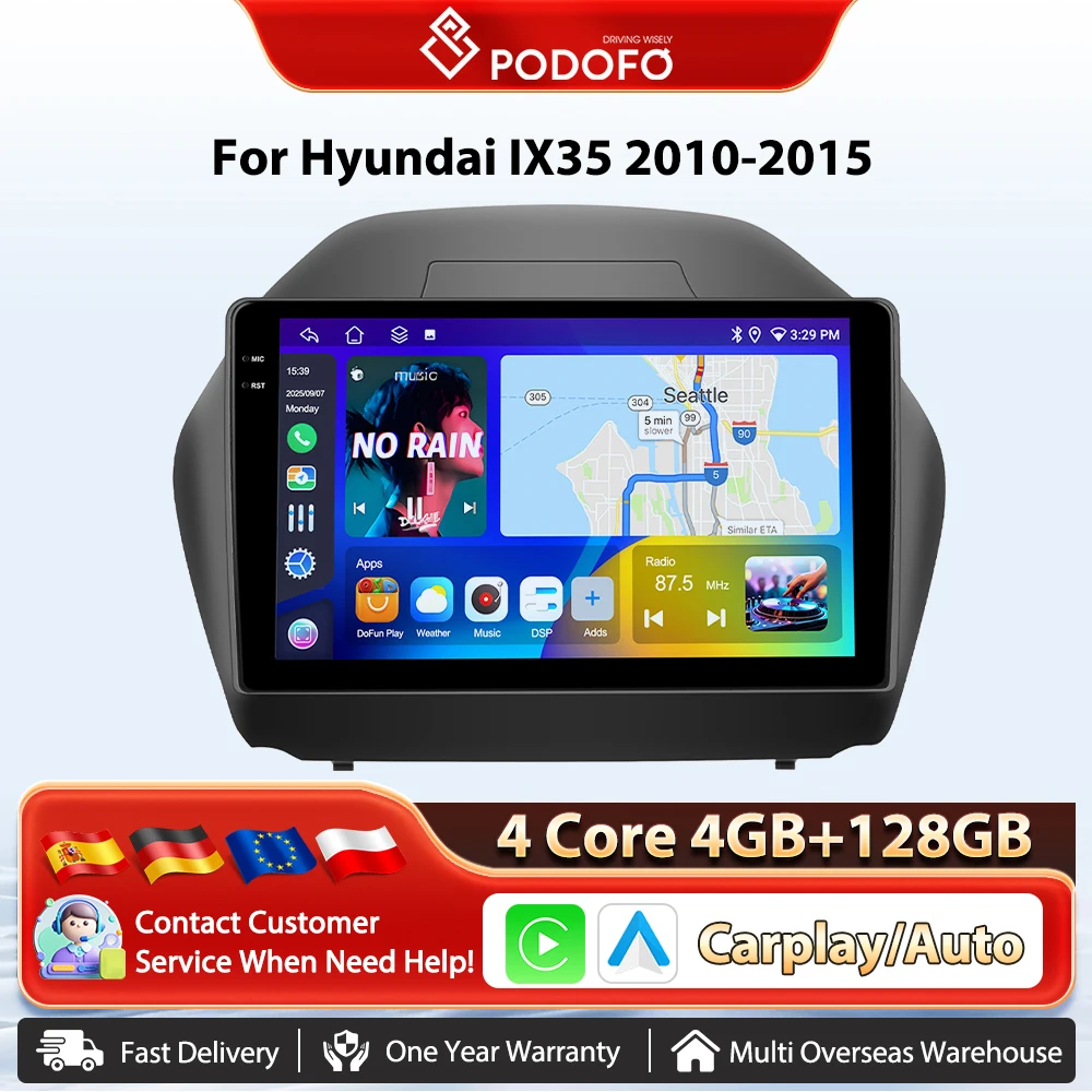Podofo 10'' Kabelloses Carplay Android Auto Radio für Hyundai IX35 2010-2015 Auto-Multimedia-Stereo GPS-Navigation BT FM/RDS 2din Auto-Intelligentes System Plug&Play Head Unit SWC Autoradio Wifi