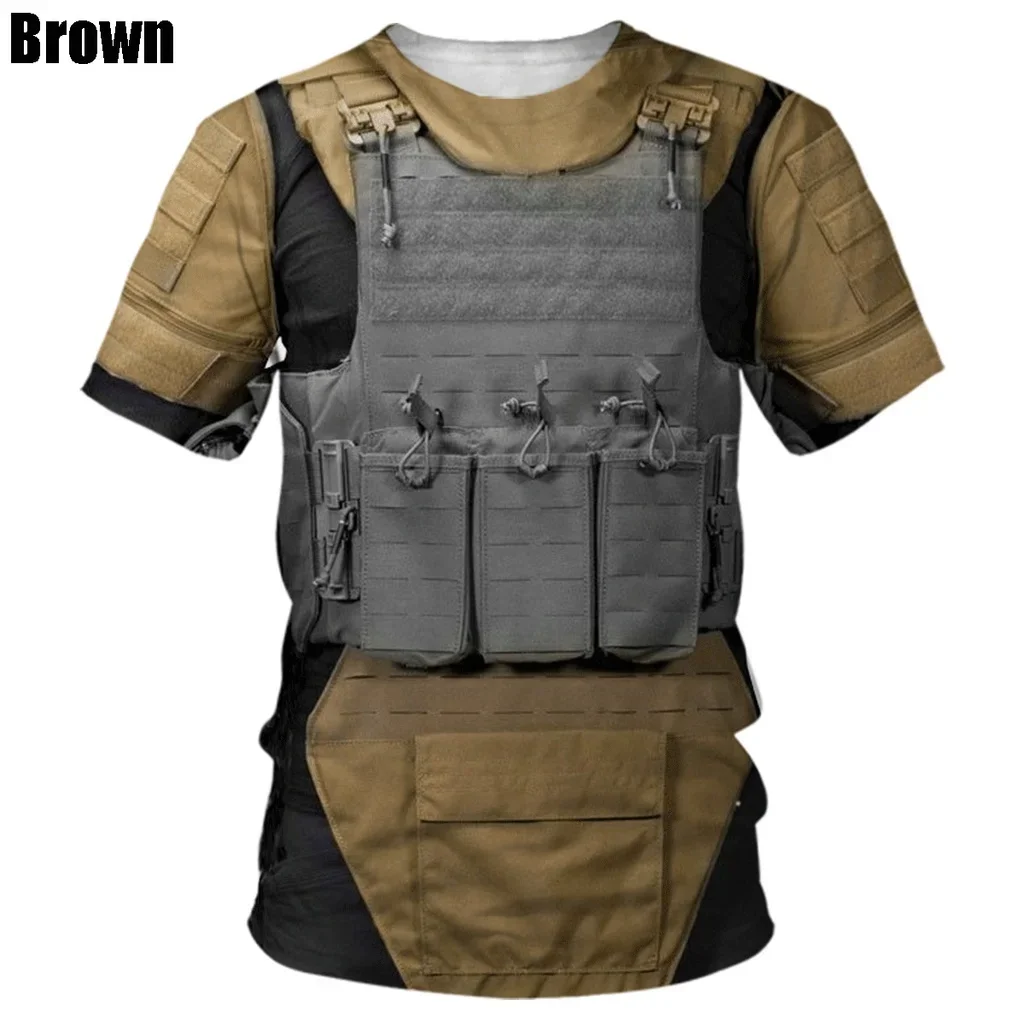 Men\'s Oversized 3D Printed Bulletproof Vest T-Shirt Summer Fashion Casual round Neck Short Sleeve Funny Personality Tee