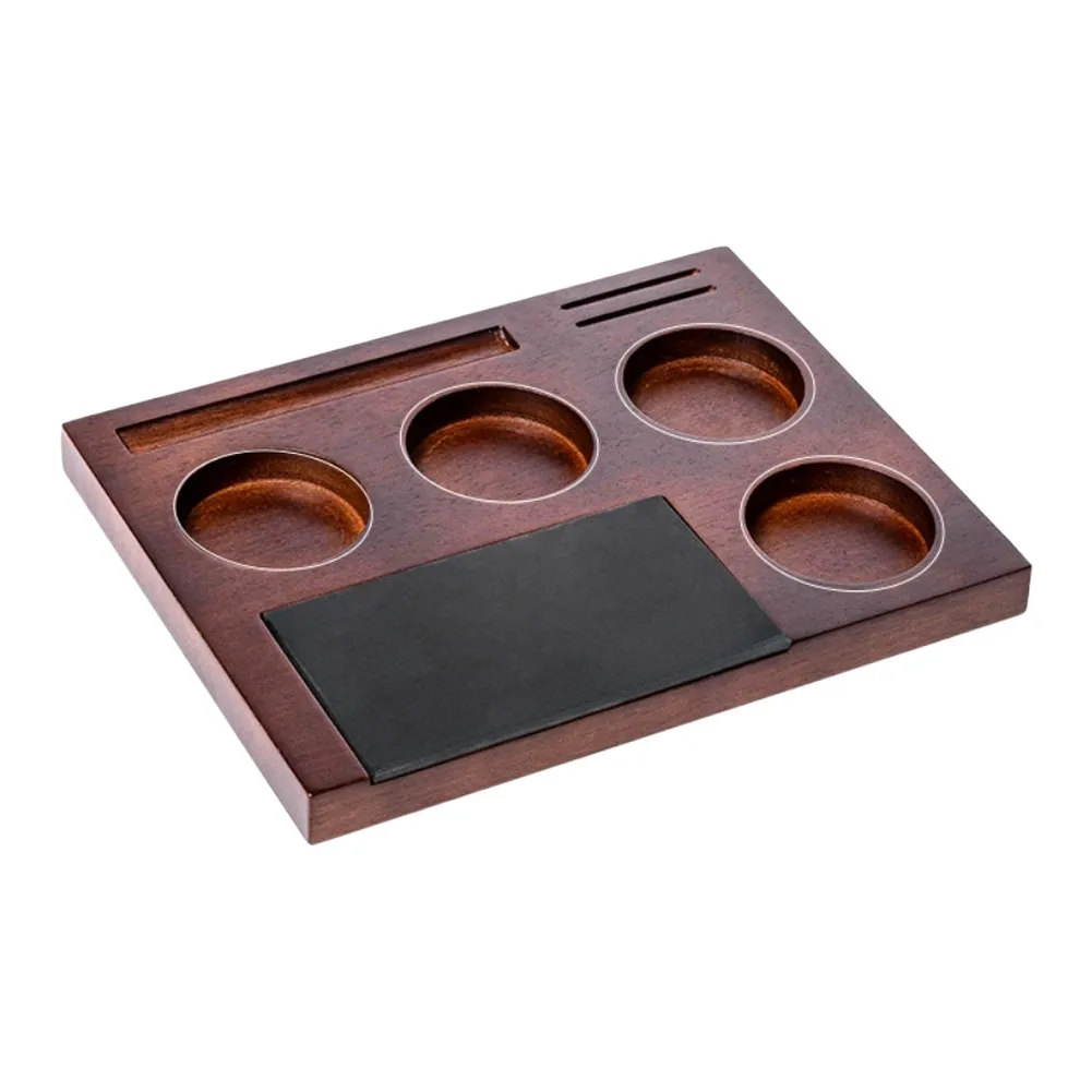 Wooden Coffee Tamper Station Base With Grounds Box Multi‑Function  Tool Organizer Accessory For Home Cafe Coffee Brewing Storage