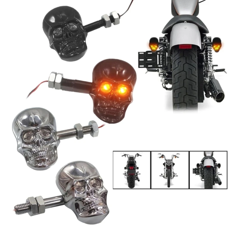 Upgraded Motorbike 10mm Screw Skull Head LED Amber Turn Signal Indicator Light Easy Installation Black/Silver Durable