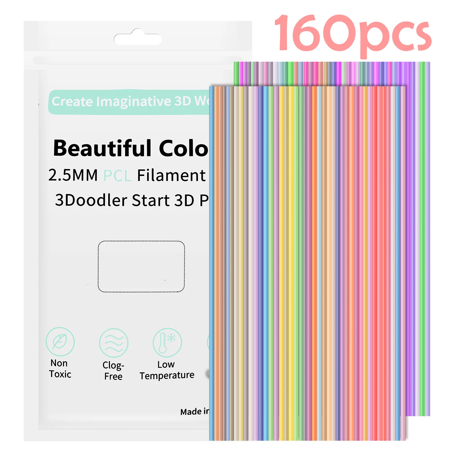 

160Pcs 2.5mm 3D Pen Filament Refills Safe and Low Temperature PCL 32 Colors 3D Printer Doodler Pen Refill For 3Doodler Start+