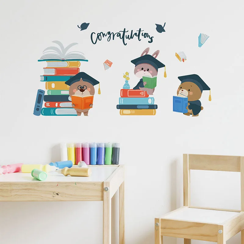 Cartoon learning teddy bear books, children's bedroom, study background, wall decoration, wall stickers, self-adhesive