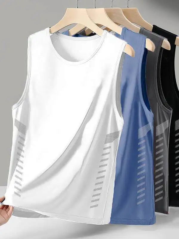 Ice Silk Vest Men's Trendy round Neck Mesh Breathable Quick Dry Sports Sleeveless Wide Shoulder Pad Outdoor Casual Wear