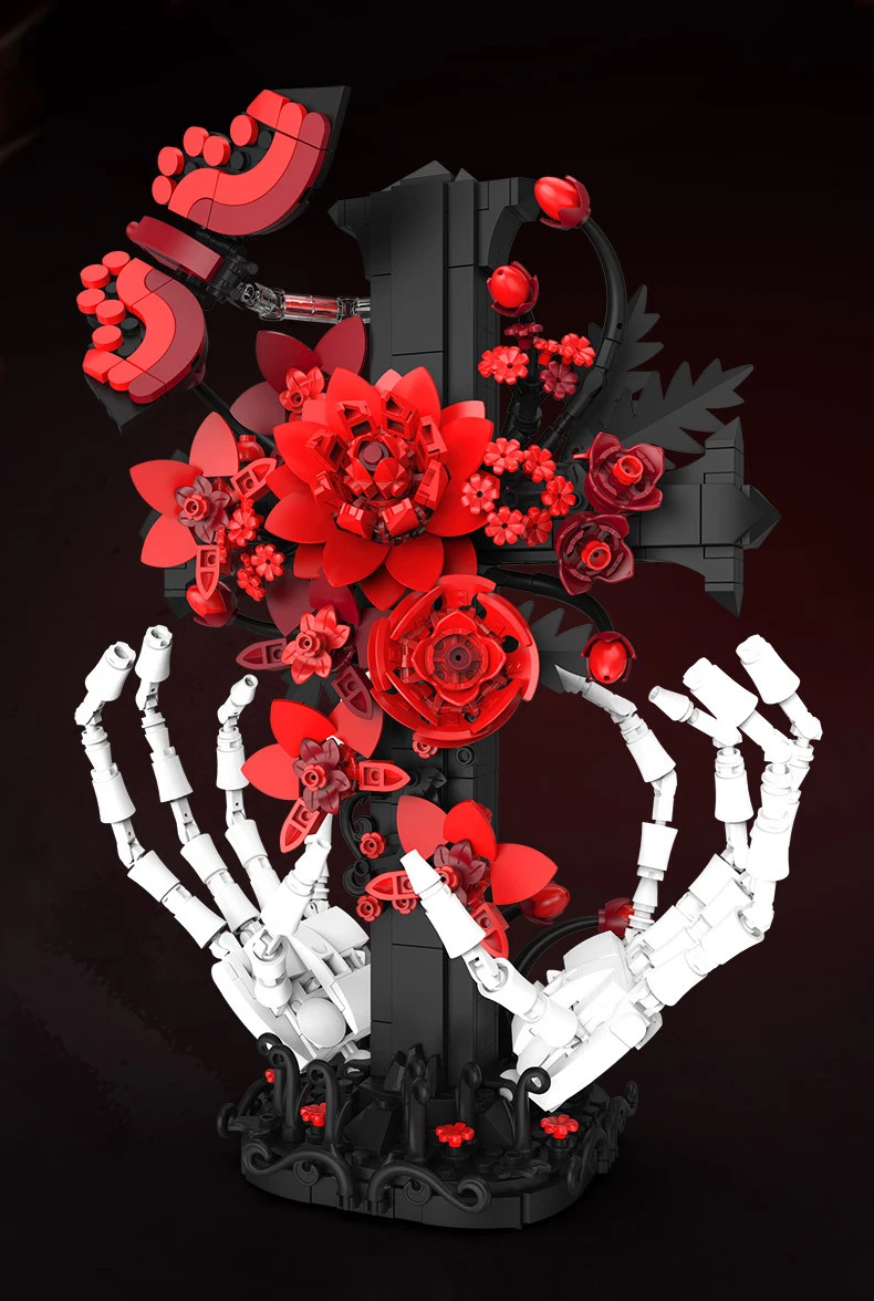 Idea Baustein Rote Rose Bestattungen Lernspielzeug Blumen Skelett Hand Kreuz Konstruktions-Baustein Modell Sammlerstück Schreibtischdekoration – Detail 2