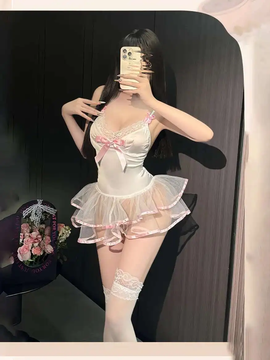 Hot Bunny Pure Desire Stil Sheer Mesh Süße Bowknot Sexy Outfit Uniform Strap Sexy Kleid Elegante Hot Sexy Koreanische Frauen 974C