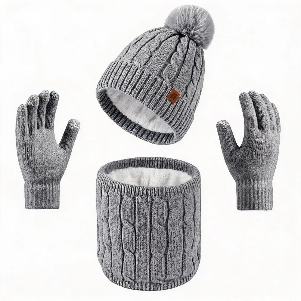 3Pcs/Set Warm Winter Hat Scarf Gloves Set Thicken Lining Scarf Neck Warmer Suit Windproof Soft Knit Beanie Snood Set
