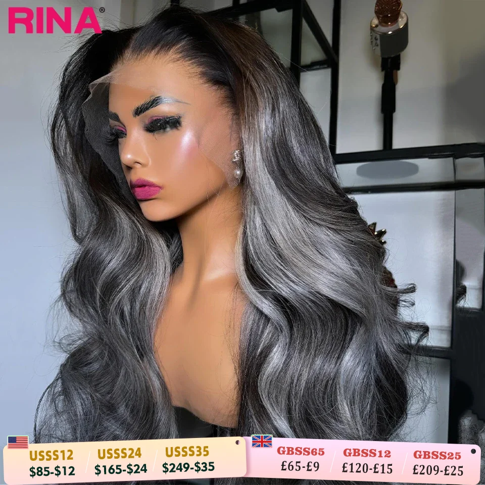Silver Grey Highlight Perucas de cabelo humano para mulheres negras, 13x6, 13x4 peruca frontal de renda, onda corporal colorida, perucas dianteiras transparentes