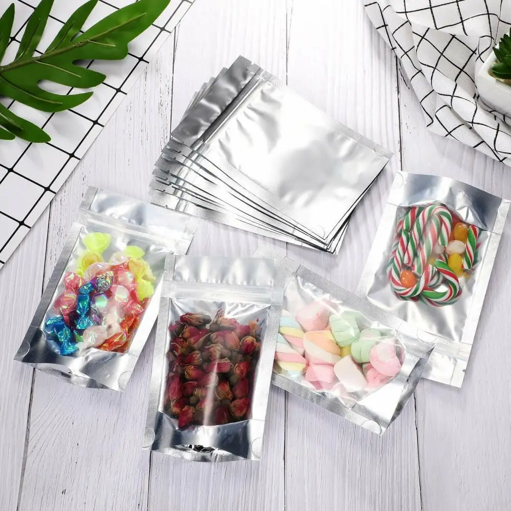 10Pcs Clear Silver Zip Lock Mylar Foil Plastic Bag Tear Notch Zipper Seal Resealable Reusable Food Candy Snack Storage Pouches