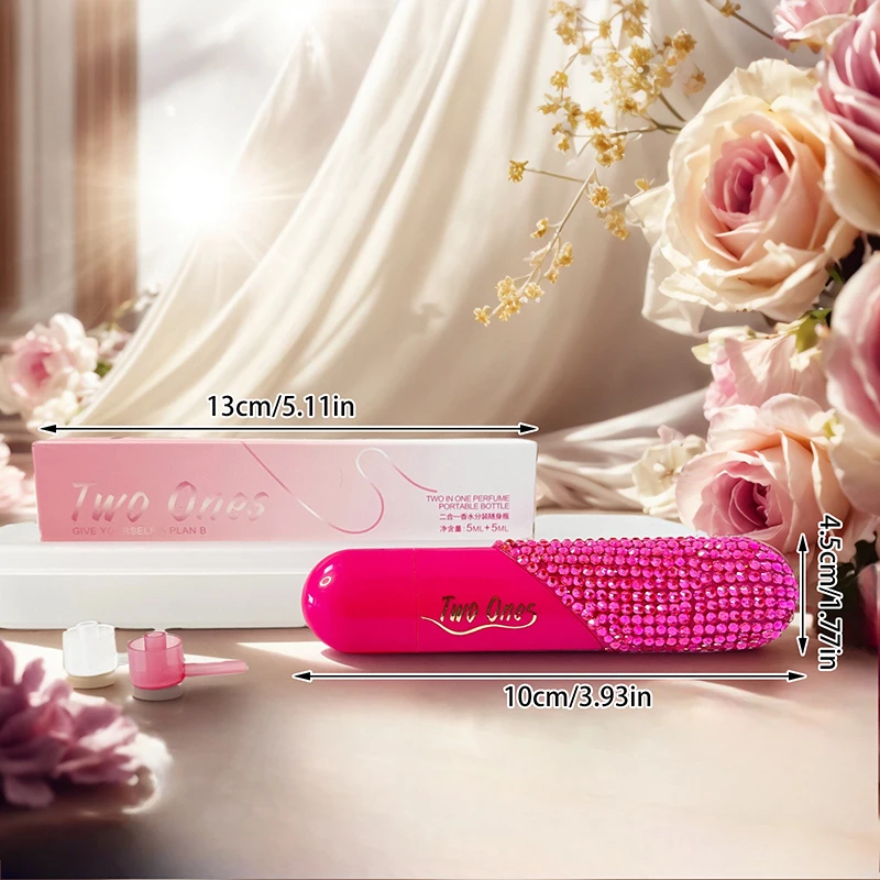 Tragbare 2-in-1-Reiseparfümflasche, 5 ml + 5 ml, herzförmiger, nachfüllbarer Zerstäuber, Doppelkopf-ABS-Mini-Düftspender