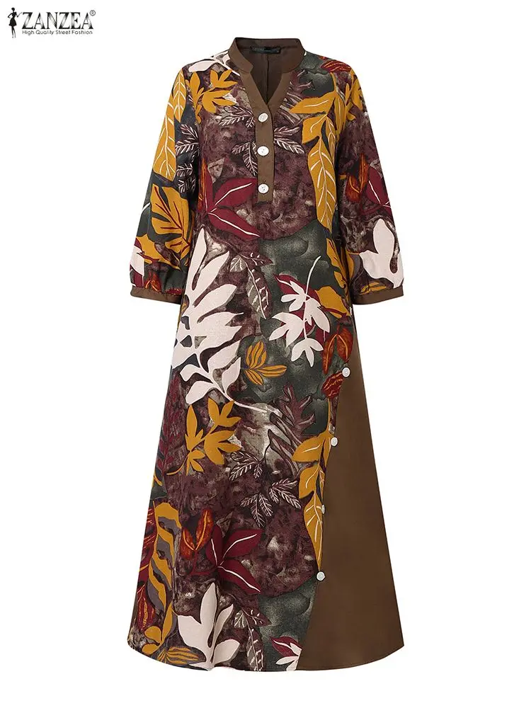 Vintage Midi DressesZANZEA mujeres 2025 otoño vestido estampado Floral Casual cuello en V manga 3/4 vestido veraniego botones Vestidos bata Mujer
