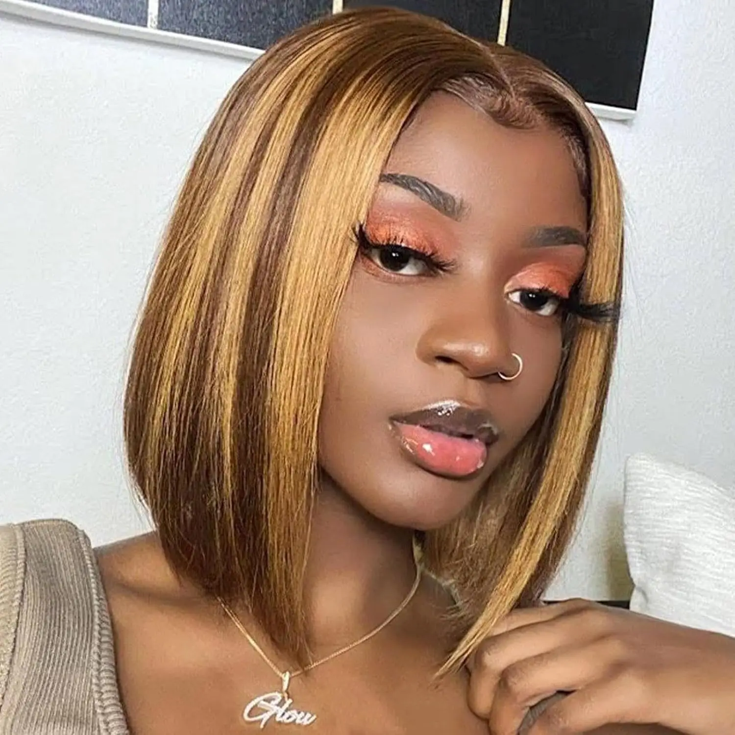 

Glueless Ombre Bob Wig Human Hair P4/27 Highlight Hair Straight Bob Wigs Human Hair 6x4 HD Lace Front Wigs Human Hair For Women