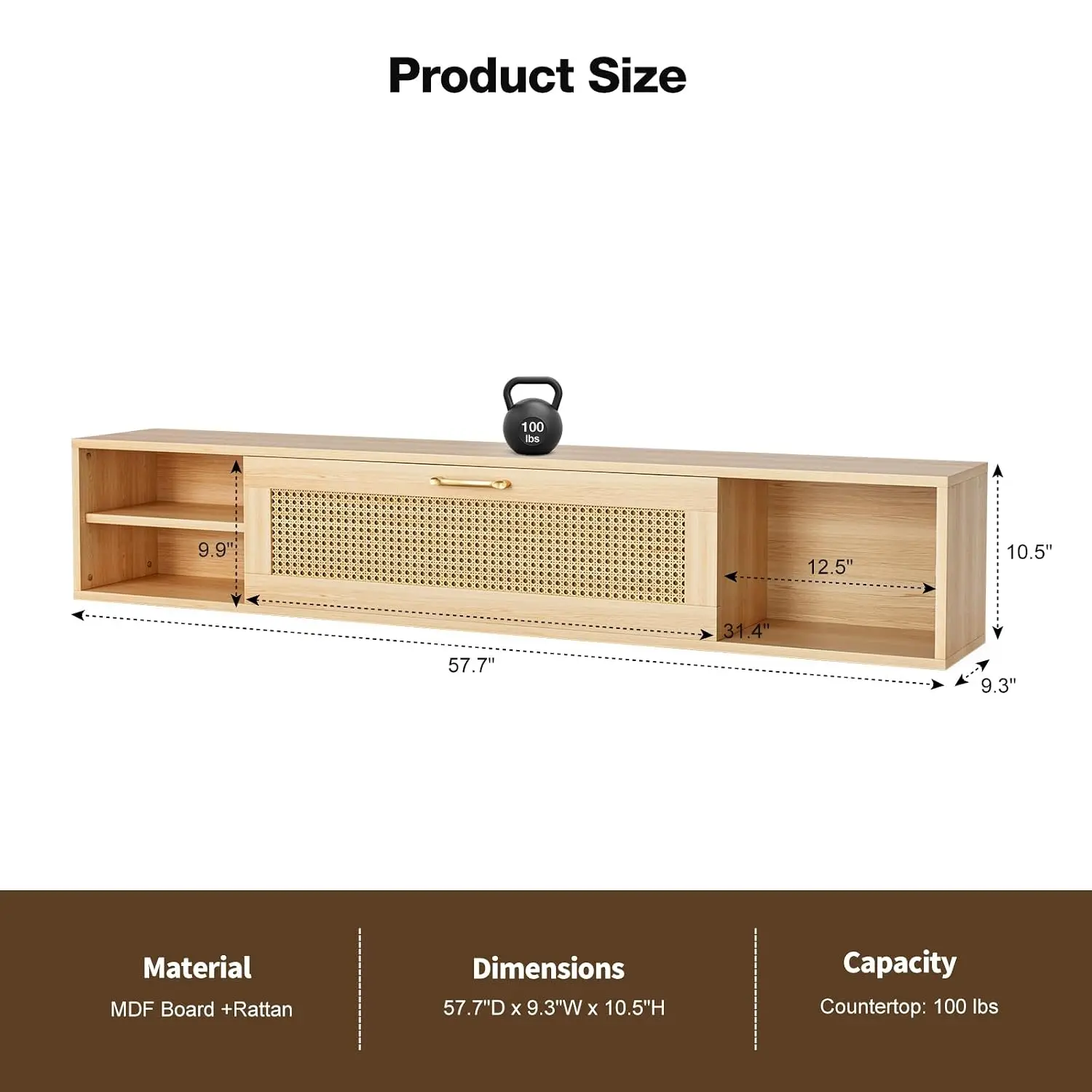 IKIFLY Floating TV Stand Rattan Door Storage Shelf Wood Mid Century 50-75 Inch Wall Mounted Living Room Entertainment Console, C