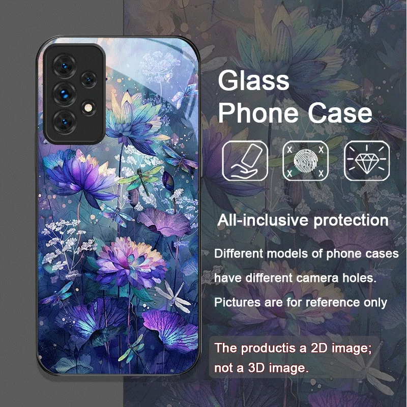 Vintage Dragonflies Floral Pattern Tempered Glass Phone Case for Samsung Galaxy A06 A72 A55 A54 A53 A52 A36 A15 A14 A13 5G Cover