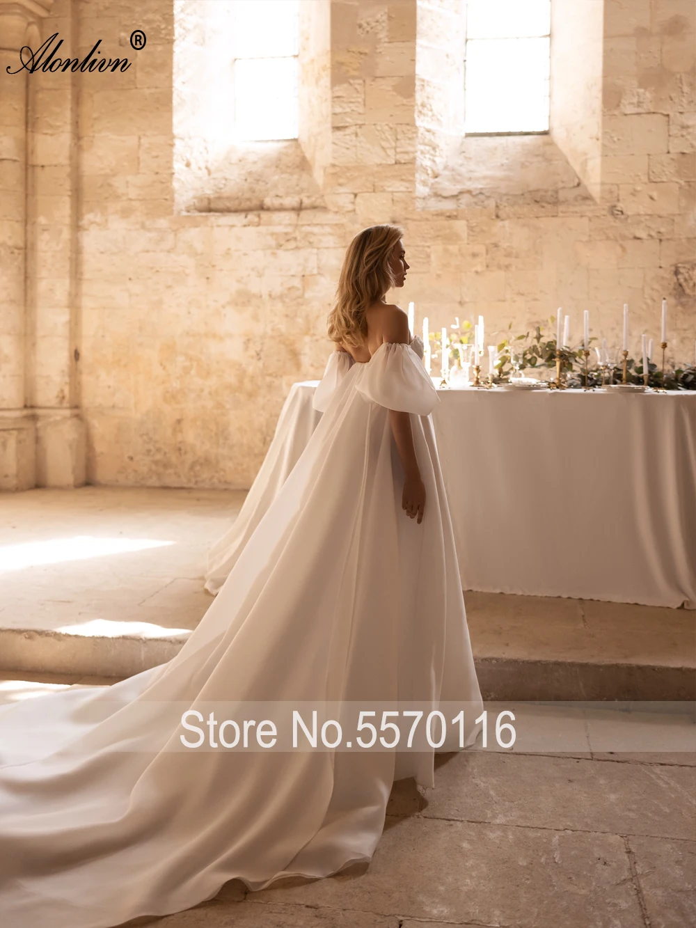 Alonlivn Sliky Oraganza Sweetheart A-Line Wedding Dresses Novias Ruched Pleats Front Split Off Shoulder Sleeves  Bridal Gowns