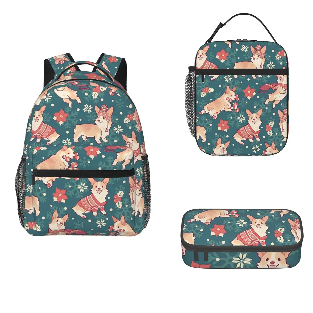 

Winter Corgis In Homely Teal Backpacks Boys Girls Bookbag Students School Bags Kids Rucksack Lunch Bag Pen Bag Three-Piece Set