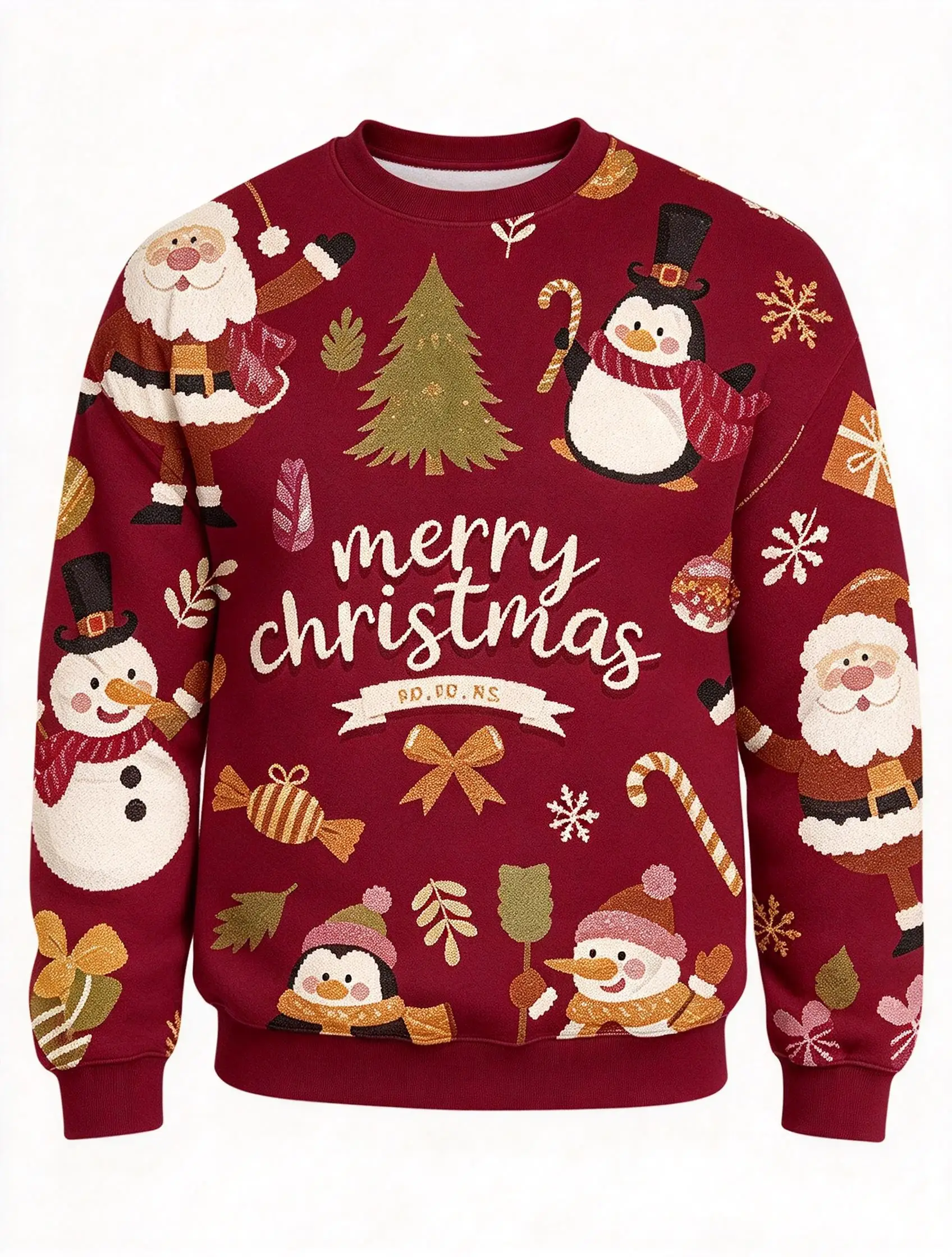 Men Crewneck Sweatshirt, Santa Penguin Snowman Xmas Tree Print Polyester Casual Pullover