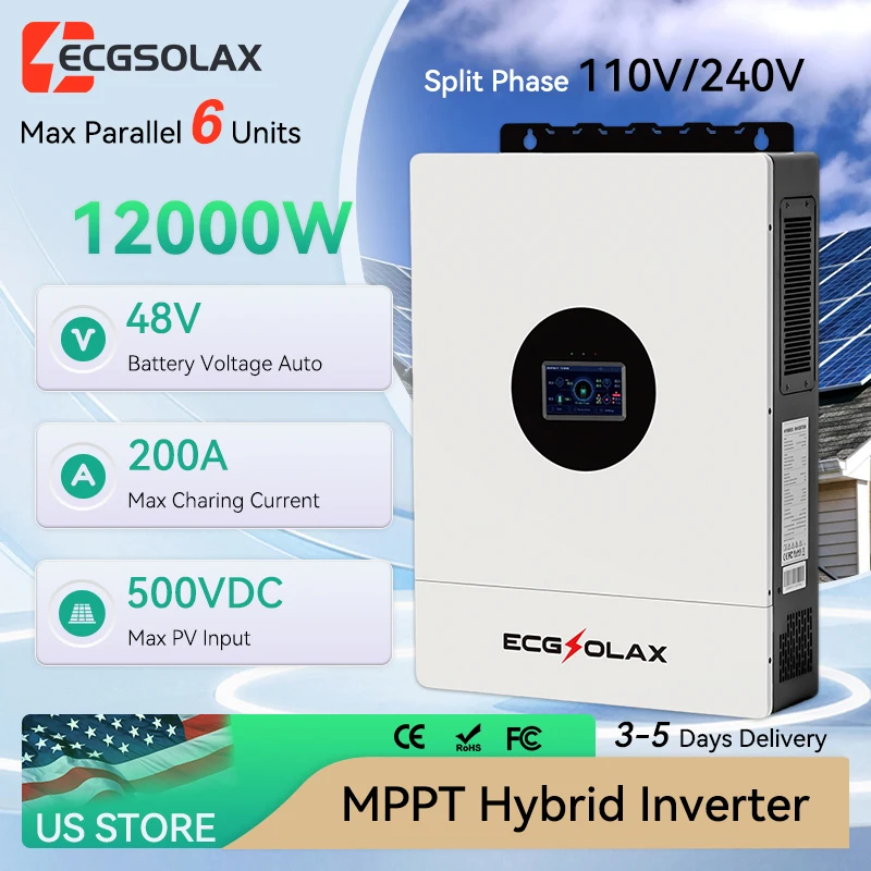 ECGSOLAX 12500W All-in-One Hybrid Solar Inverter 48V Split Phase 120/240V Pure Sine Wave 200A MPPT Charger Built-in WiFi US Local Warehouse