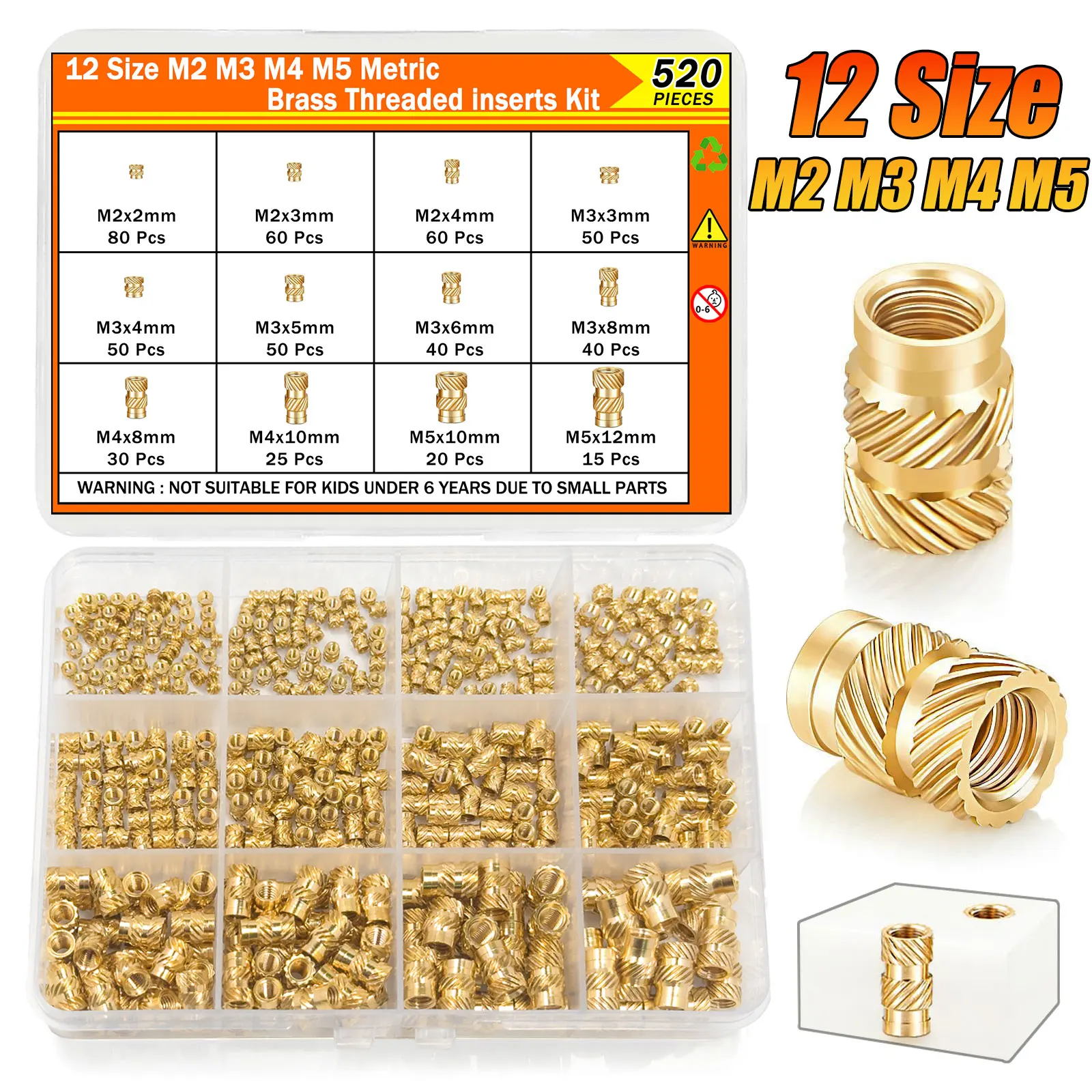520Pcs M2 M3 M4 M5 Brass Threaded Inserts Kit for 3D Printing, Heat-Set Knurled Nuts for Plastic Parts, Metric Fasteners