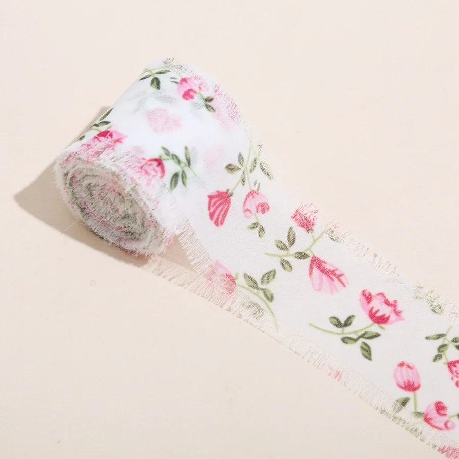 1 Rolle 5m*4cm Ausgefranstes Satinband mit handbedruckten Blumen aus Chiffon-Seide für Hochzeitssträuße, Geburtstagsfeiern und DIY-Dekorationen – Detail 3