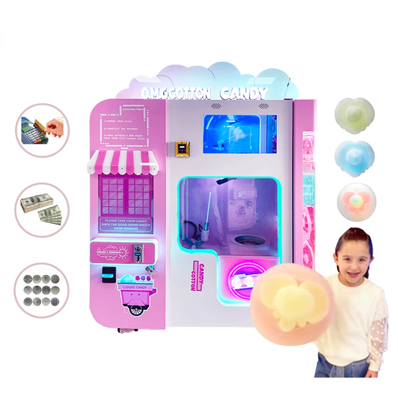 2023 New Style Full Automatic Commercial Cotton Candy Fairy Floss Vending Making Machine Coin Bill Credit Card Acceptor Vendings