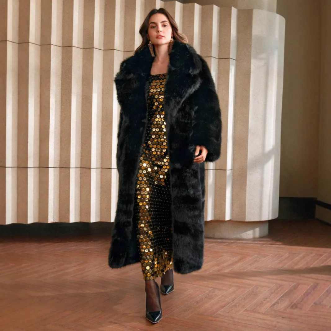 Luxury Winter Women's Long Faux Fur Coat Fluffy Gradient Fox Fur Jacket For Female Furry Lapel Collar Lady's Mink Fur Overcoat