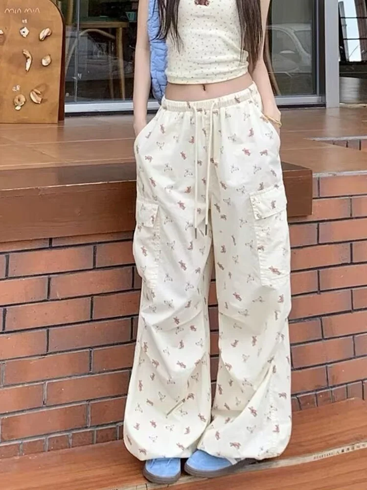 

Women's Apricot Cute Printed Pants Y2K Japanese Harajuku High Waist Street Clothing Sports Street Dance 90s Loose Wide Leg Pants