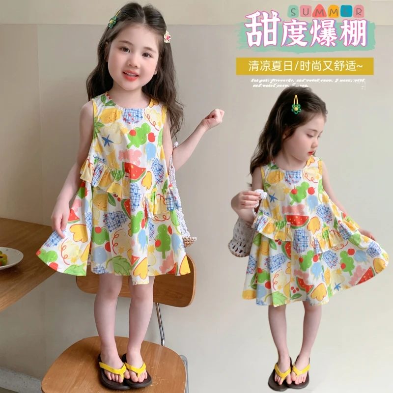 Cute Girls Summer Sleeveless Dress Watercolor Graffiti Print Pleated Cotton Sundress Kids Casual Beach Dress 2-8Y