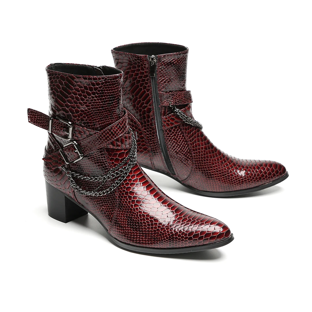 Herren-Stiefeletten aus burgunderrotem Schlangenleder: Kette, Schnallen, Reißverschluss, Blockabsatz | Partys, Bühne, Straße | Rock-Punk-Stil – Detail 3