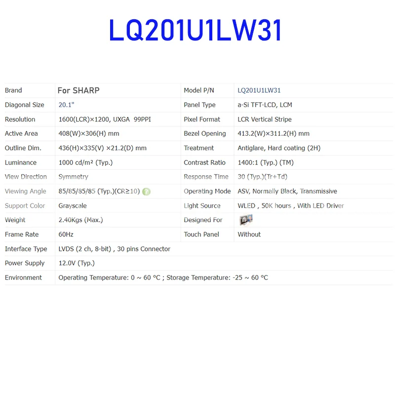 LQ201U1LW31 20.1 Inch LCD Display Screen Panel Original for Sharp 30 Pins Connector Brand New 100% Tested