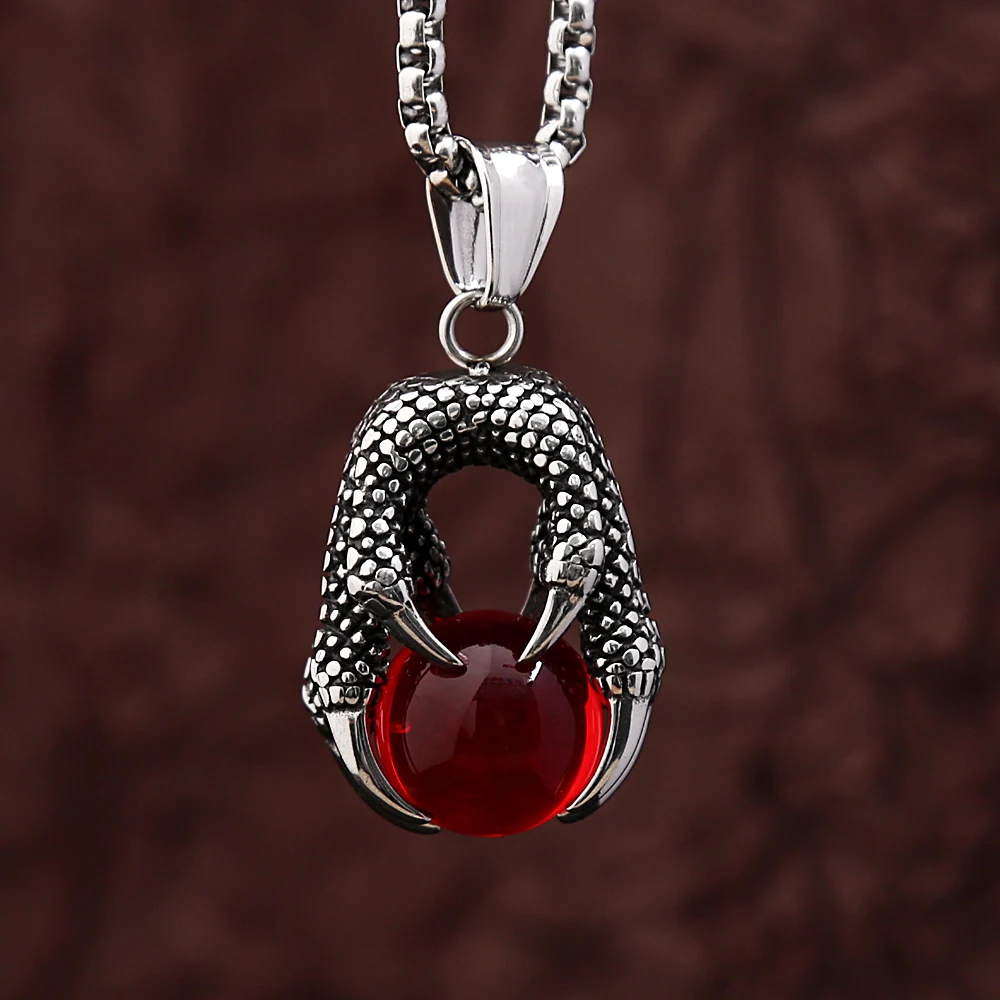 Fashion Punk Dragon Claw Pendant Necklace For Men Women Vintage Stainless Steel Red Crystal Ball Necklaces Party Jewelry Gifts