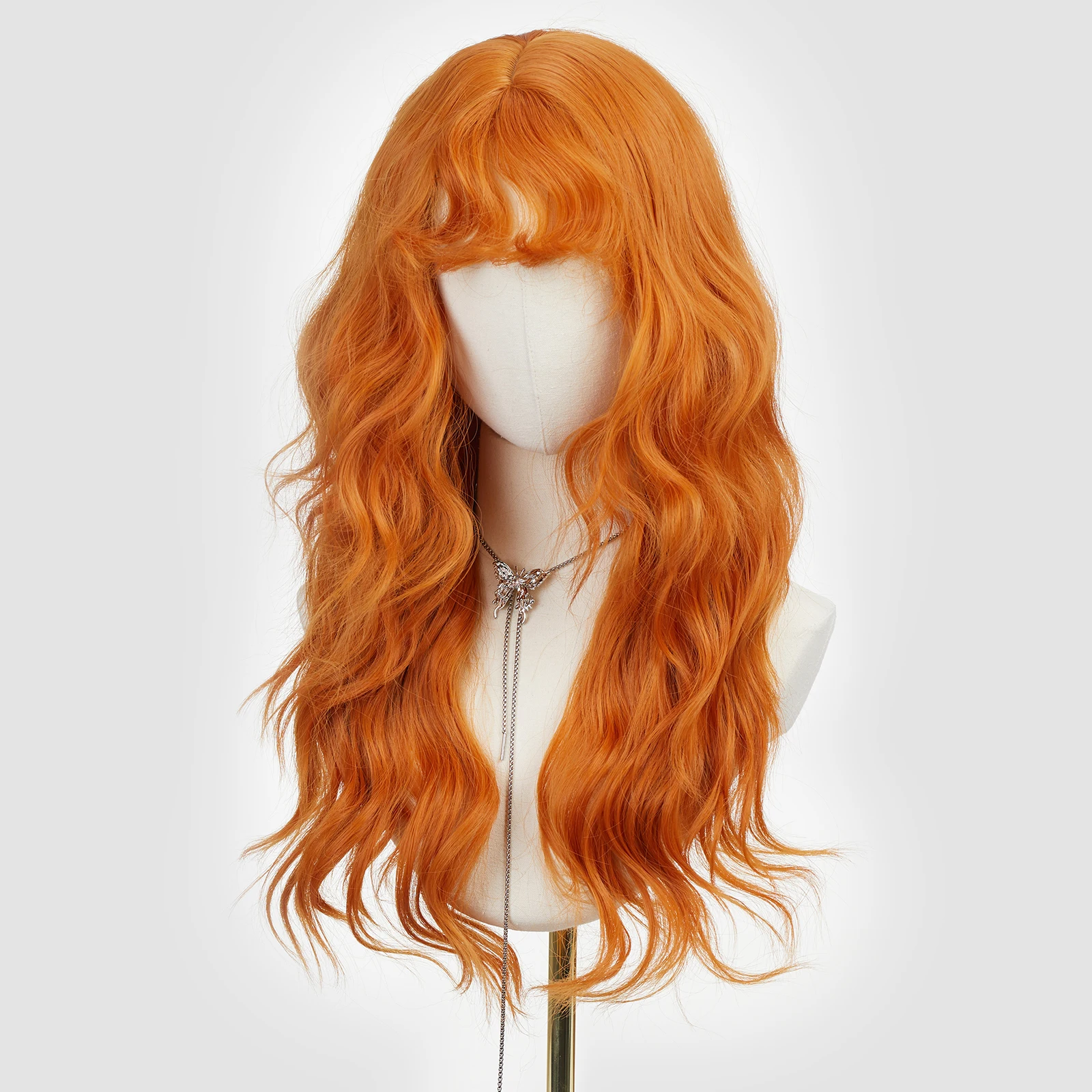 アラン・イートン オレンジ ウェーブ シンセティックウィッグ 前髪付き ロング カール ウェーブウィッグ 女性用 ウィッグ デイリー クリスマスパーティー用 耐熱性